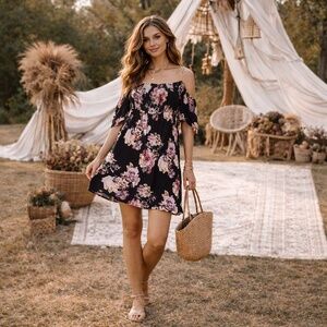 Vanilla Bay BOHO Floral Smock Off-Shoulder Sundress (XL)